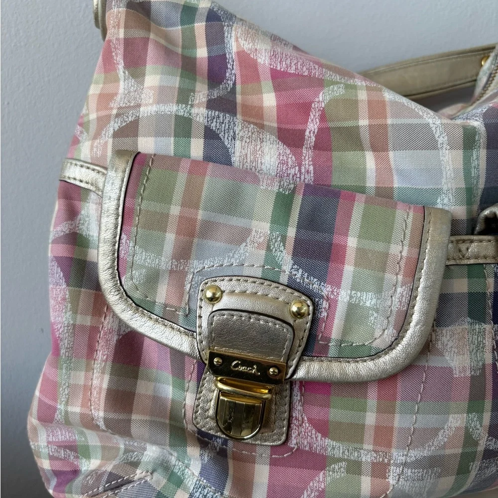SOLD Coach Poppy Pink Pastel Plaid Shoulder Bag with Gold Hardware - Picture 8 of 11
